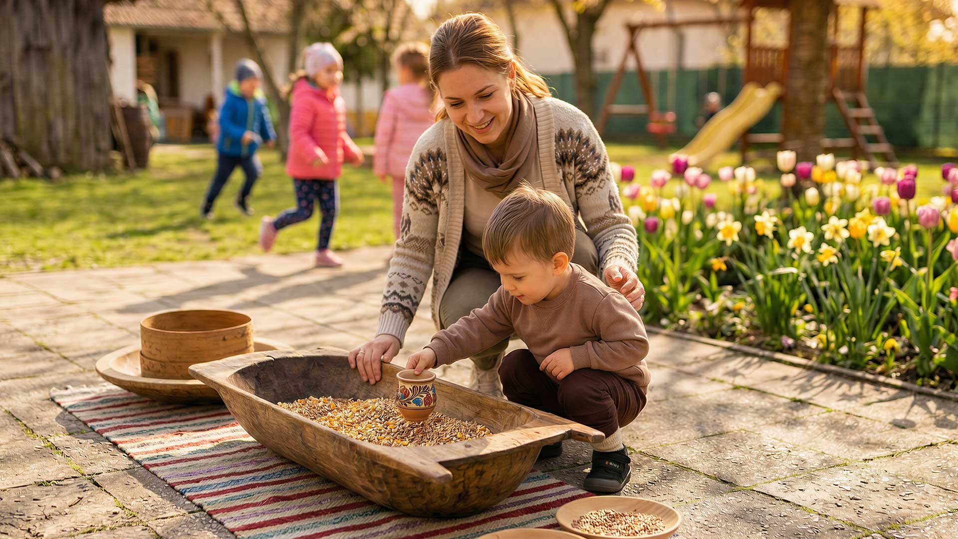 Terményválogató népi fajáték használat közben óvodás gyerekekkel
